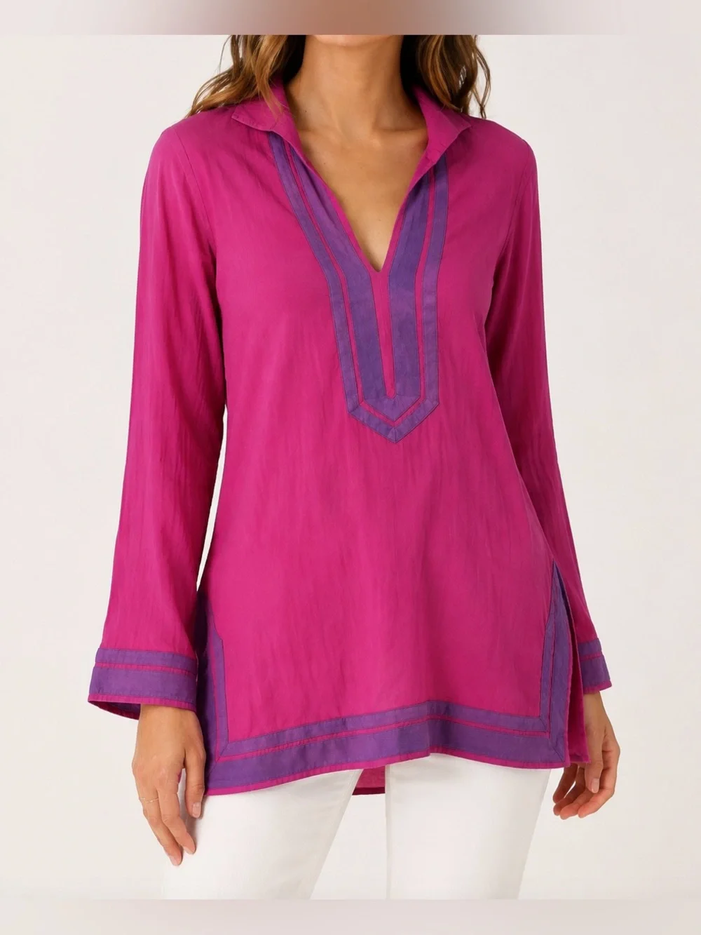 Tory Burch Fuchsia and Purple Trim Cotton Tunic - Size 4